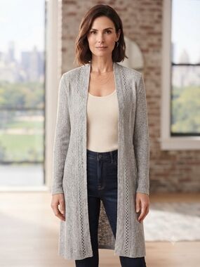 Open-Front Light Gray Longline Knit Cardigan